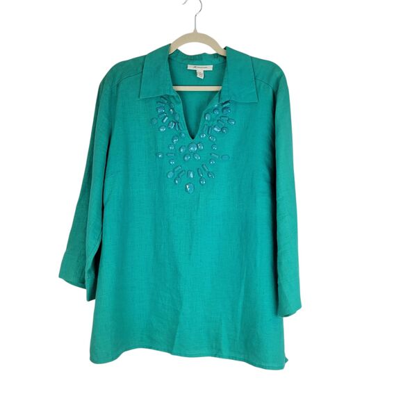 JM Collection Top Ladies Turquoise Beaded Linen Tunic 3/4 Sleeve Blouse size 16 - Picture 1 of 8